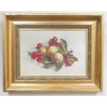 English School (C20th); Still Life study of cherries and peaches, oil on canvas, 16cm x 23cm