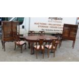 Set of six Queen Ann style dining chairs and similar oval table, L183cm W90cm H80cm, and two display