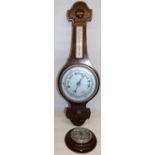 C20th oak aneroid wheel barometer with thermometer box H76cm and another D17.5cm (2)