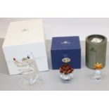 Swarovski Crystal glass ornaments: pineapple H6cm, vase of roses H7cm, and harlequin H13cm, all with