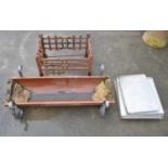 Cast iron fire basket W50cm D31.5 H30.5cm, a half round ceramic planter L91cm, metal trays/lids (