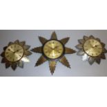 Three late 1970's Metamec sunburst wall clocks, maximum D44cm