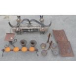 Collection of outdoor metal ware incl. candle holders, 2 small urns, electric light feature etc.
