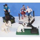 Reproduction cast iron money boxes: His Master's Voice Nipper dog, Nipper with gramophone, 'Boxing