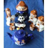 Tetley Tea Folk Cookie jar and tea pot, Gaffer (2) and Sydney money boxes, and egg cups , and a