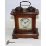 C20th continental stained pine striking mantle clock, pressed silvered Arabic dial with outer minute