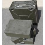 Set of three metal military storage boxes, and a large transceiver storage case 60cm 58cm 28cm