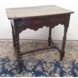 C17th style oak single drawer side table, bobbin turned legs and stretcher, W73cm D50cm H70cm