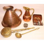 C19th copper and brassware inc. large measure H31cm, jug in brass and copper H28cm, brass chestnut