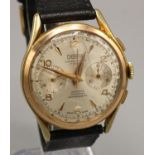 Desotos rolled gold hand wound chronograph wristwatch. Signed silvered bi-compax dial with applied