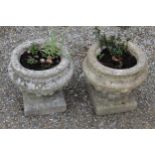 Pair of composite garden planters, urn shaped bodies on square bases, D35cm H37cm (2)
