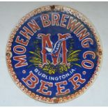 Circular enamelled steel plate advertising sign "Moehn Brewing Co Burlington, IA", diameter 44.7cm