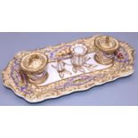 Copeland and Garrett inkstand pattern 5193, with central taperstick and twin inkwells, all-over gilt