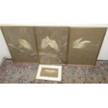 Set of three C20th Chinese needlework pictures of Crane birds on branches, and another of a Crane in