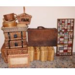 Group of wicker and straw baskets and hampers, including a Fortnum & Mason hamper and two Harrods