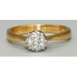 22ct yellow gold diamond solitaire ring, the brilliant cut diamond illusion set on tapered shoulders