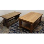 Oak rectangular two tier coffee table on square supports, and another oak coffee table on pierced