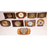Metamec 8 day mahogany and brass bound mantle clock, two tone gold coloured dial, W27cm; six retro
