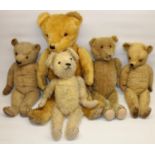 Five mid C20th blonde mohair teddy bears, all with woolwork noses and felt pads, max. H71cm (5)