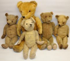 Five mid C20th blonde mohair teddy bears, all with woolwork noses and felt pads, max. H71cm (5)