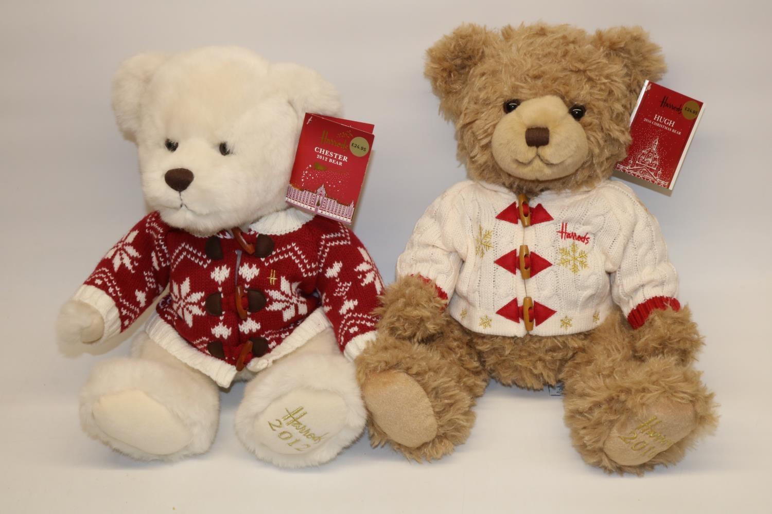 Two Harrods Christmas teddy bears: Chester 2012 and Hugh 2016