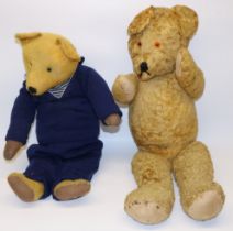 Early C20th British teddy bear in sailor costume, and another similar golden mohair bear