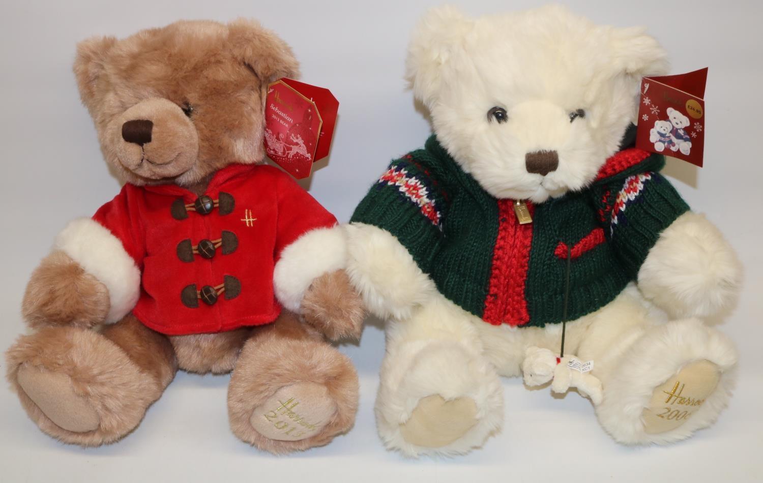 Two Harrods Christmas teddy bears: Sebastian 2013, and Alexander 2006