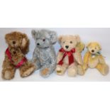 Four modern collectable teddy bears, comprising a Merrythought blonde mohair teddy bear, and three