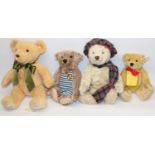 Four Steiff teddy bears: Baden Baden bear in striped bathing suit, Scottish bear, Teddy Bear