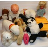 Group of c1970s soft toys incl. three polar bears, dolls incl. an AM bisque head doll A/F and a