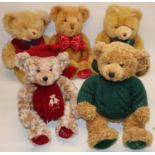 Five Harrods teddy bears: 1996 Christmas bear in red waistcoat, and 1999/1997/1994/1998 edition