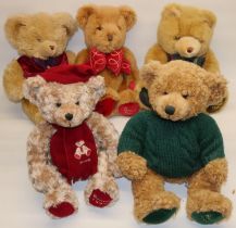 Five Harrods teddy bears: 1996 Christmas bear in red waistcoat, and 1999/1997/1994/1998 edition