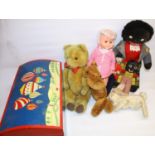 Vintage soft toys incl. a mohair rabbit with sewn eyes and a Pedigree golly; plastic doll; toy box