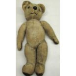Mid C20th blonde mohair teddy bear with blue glass eyes and plastic dog style eyes, H46cm