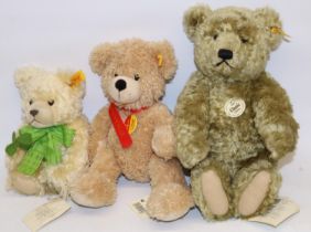 Three Steiff teddy bears: 1920 replica Classic, Good Luck bear with green ribbon, and one other,