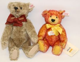 Two Steiff teddy bears: 2005 issue bear in red tipped mohair, and a 1908-2008 commemorative bear,