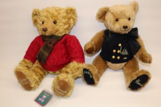 Two Harrods teddy bears: 2000 Millennium edition in navy waistcoat, and a 20th anniversary bear in