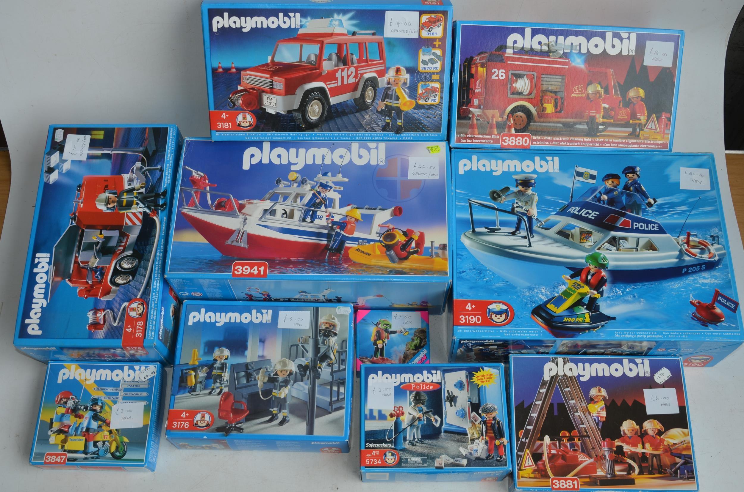 Ten boxed Playmobil sets to include Fire, Police and Rescue services. 5 boxes opened but all set