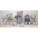 Five Charlie Bears, including Olien, Molly, Kiki, Seren and Lena. Designed by Heather Lyall and