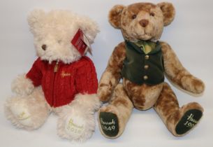 Two Harrods teddy bears: 1849-1999 anniversary bear in green waistcoat, and a 2015, 30th anniversary