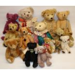 Fourteen vintage style modern collectable teddy bears, incl. a Dean's Rag Book bear, small Harrods