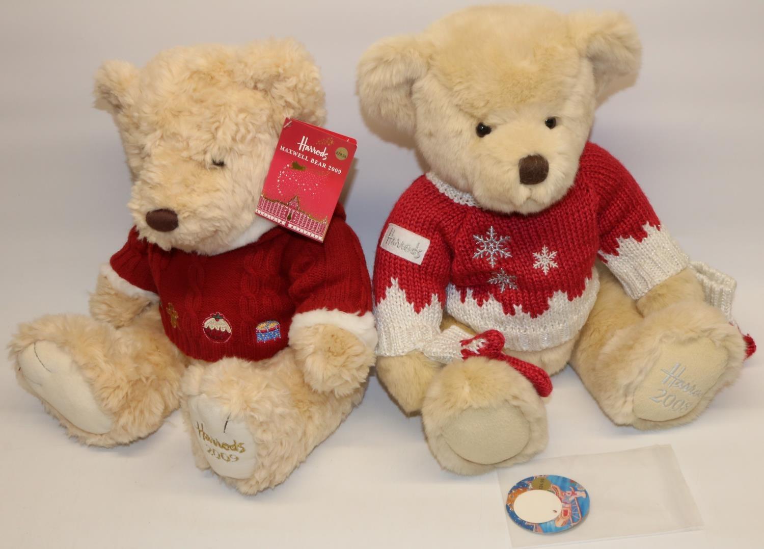 Two Harrods Christmas teddy bears: Oscar 2008, and Maxwell 2009