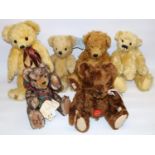 Six modern collectable vintage style teddy bears, comprising Dean's Rag Book 'Bean Bag Bear', two