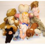Collection of soft toys and dolls c1970s, incl. a Merrythought basset hound, Wurzel Gummidge Aunt