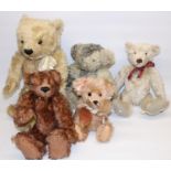 Five modern jointed vintage style teddy bears, comprising a 'Fair Bears' bear with pink fur designed