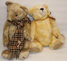 Two large modern teddy bears: Cotswold Bear Co. 'Jupiter' with yellow tipped fur, and a House of