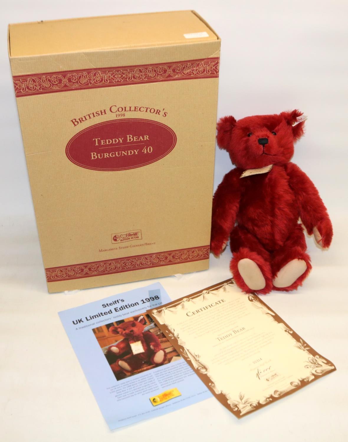 Steiff Burgundy Teddy Bear, British Collectors. Limited edition 314/3000, 1998, H40cm. Boxed with