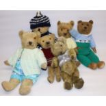 Six early-mid C20th mohair teddy bears in knitted outfits, max. H48cm (6)