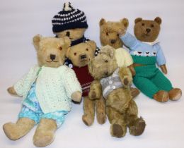 Six early-mid C20th mohair teddy bears in knitted outfits, max. H48cm (6)