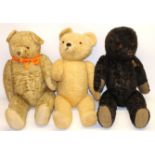 Mid C20th large black teddy bear, and two similar sized blonde bear